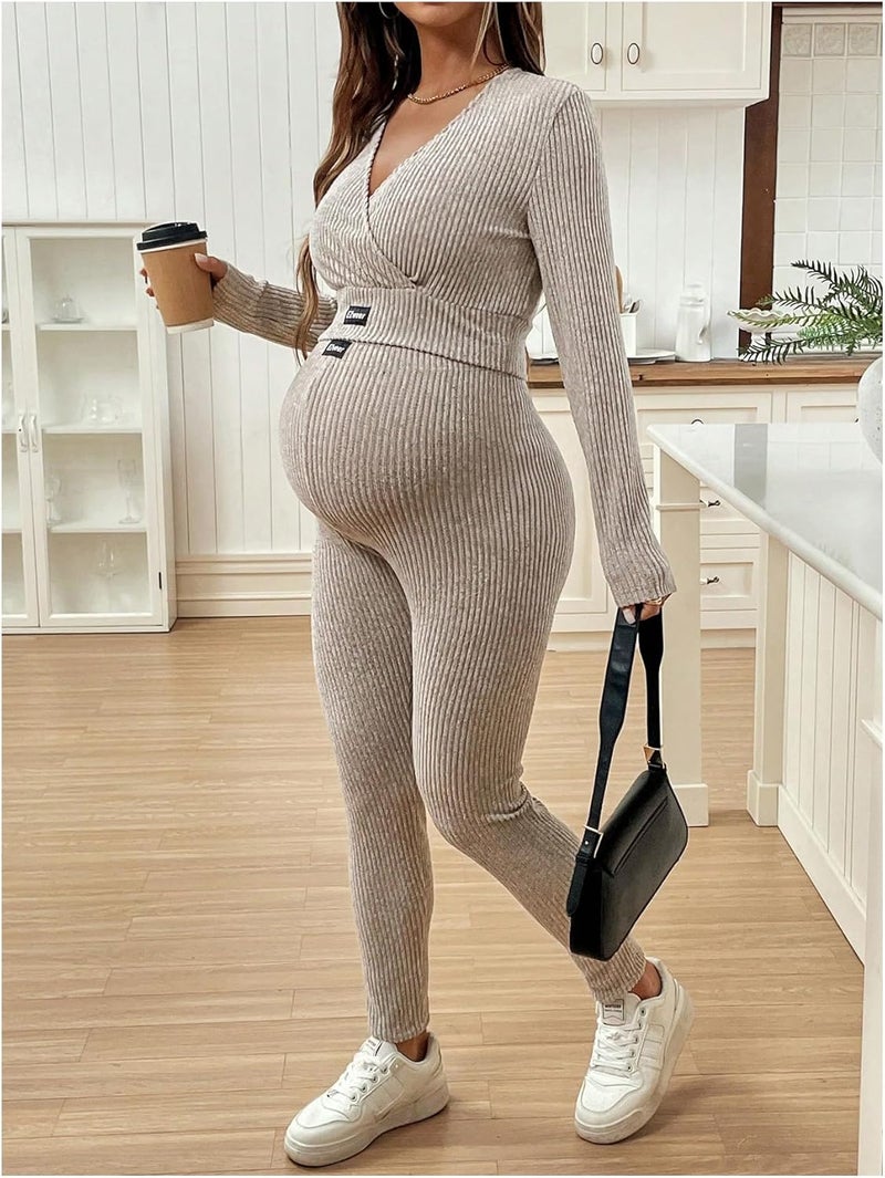OYOANGLE Women's Maternity Ribbed Lounge Set Long Sleeve Wrap V Neck Crop Top and Leggings Pants Workout Sets - Image 5